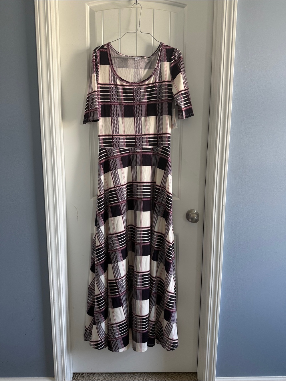 LuLaRoe Ana Purple, Pink, Black & Cream Plaid Maxi Dress